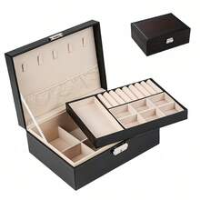 Large Capacity Artificial Leather Jewelry Storage Box With Key Lock And Padded Drawers, Multi-Functional Storage Box For Necklaces, Bracelets, Earrings, Rings, Modern Metal Lining Design, Suitable For Women And Girls, Jewelry Box, Jewelry Box - Multicolor - View 4
