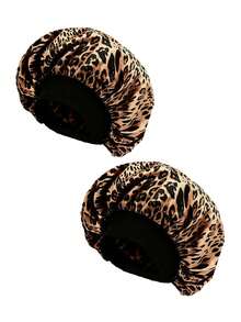 CONFLASS 5/2/1pc Fashionable Pink Brown Coffee Leopard Print Butterfly Wide Brim Round Hat Elastic Fabric Sleep Cap Wig Cap Satin Hat, Unisex, All Season - Pink - View 6