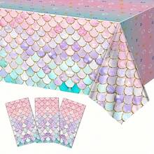 1pc Underwater World Pink Fish Scale Princess Party Tablecloth, Wedding Decoration, Summer Decoration, Outdoor Garden Decoration, Outdoor Decoration, Paired With Shell Starfish Pink Blue Gradient Disposable Plastic Rectangular Tablecloth, Suitable For Birthday Party, Baby Shower Decoration Tablecloth - Multicolor - View 3