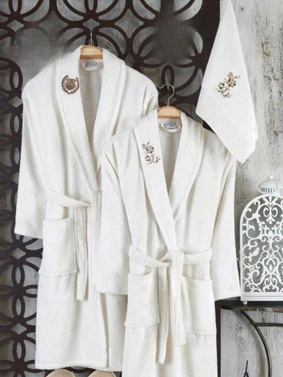 مجموعة روب الحمام التركي القطني 100% المطرز من جوفينال دريم - المقاسات S، M، L - البني، الرمادي، الأبيض، البيج - ناعم وماص - مصنوع في تركيا