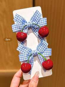 1/2Pcs Cherry Plaid Bow Hair Clips For Women Girls,French Retro Gingham Bowknot Alligator Barrettes,3D Fruit Hairpin,Y2K Hair Accessory,Back To School - Blue - View 4