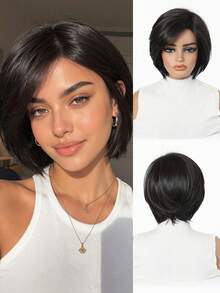 8 Inch Straight Low Curvature Heat Resistant Synthetic Bob Wig Natural Black Layered Side Part Short Wigs For Women Daily Office Wear - Multicolor - View 2