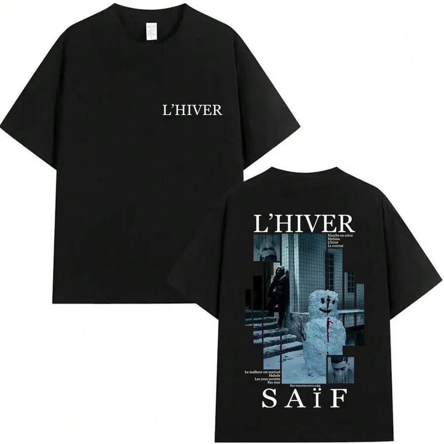 Rapper L'HIVER Saif Album 2025 Graphic T-Shirt Men's Gothic Hip Hop Short Sleeve T-Shirt Vintage Cotton T-Shirt Fans Streetwear - Black - View 1