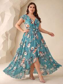 UNITHORSE Vestido de dama de honor con estampado, cuello en V con volantes, corbata desmontable y bajo asimétrico con volantes (sin posicionamiento de flores) - Verde - Ver 6