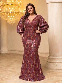 SUPGIR V-Neck Lantern Sleeve Sequin Elegant Dress - Red - View 4