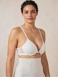 Veilyse 1件白色前扣蕾絲拼接花卉印花露背Bralette，性感鋼圈內衣，女款夏季款 - 白色 - 查看 7