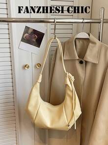 Einfarbige PU-Schultertasche, lockere asymmetrische Halbmondform, weich und elastisch, seitlich gerafftes Leder mit Kordelzug für reichhaltigen geschichteten Stil, reichlich Stauraum, geeignet für lässige Dates junger Frauen, tägliche Ausflüge von Büroangestellten, kurze Urlaubsreisen - Gelb - Übersicht 3