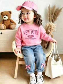 Baby Girl Cartoon Letter Print Crew Neck Long Sleeve Warm Sweatshirt And Denim Pants - Pink - View 7