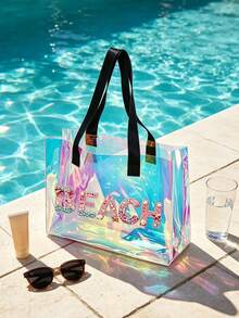 Iridescent Laser Transparent PVC Beach Tote Bag, Large Capacity Beach Letter + Matching Pattern Zipper Pouch, Waterproof Sand-Resistant Easy To Clean, Can Store Swimwear, Towels, Sunscreen, Cosmetics, Suitable For Beach Vacation, Pool Party, Camping Picnic, Short Trip Scenarios, Suitable For Students, Moms, Travel Girls, Qixi, Birthday, Summer Festival Gift, Also Can Be Used As Toiletry Bag, Shopping Bag, Travel Storage Bag - Multicolor - View 8