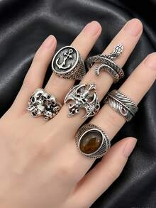 10/11pcs/Set Unisex Vintage Punk Hip Hop Ring Set, Personalized Skull Geometric Claw Bat Design, Party Gift Daily Jewelry Accessories - Punk Ring Set - View 7