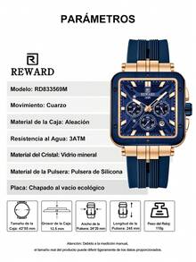 Reloj de cuarzo para hombre REWARD, estilo de moda empresarial, pantalla de fecha, manecillas luminosas, multifunción, alta calidad, regalo, diseño clásico, correa de silicona - Azul Marino - Ver 7