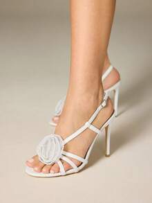 Sexy & Fashionable Floral Decor Round Toe Stiletto Heel Casual Versatile Ankle Strap White High Heel Sandals For Women - White - View 1
