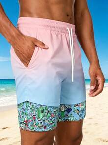 Pantalones cortos de playa de doble capa con estampado divertido para hombres, verano - Multicolor - Ver 2