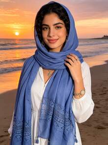 1pc Women's Solid Color Lace Tassel Long Versatile Scarf, High Quality Shawl - White - View 8
