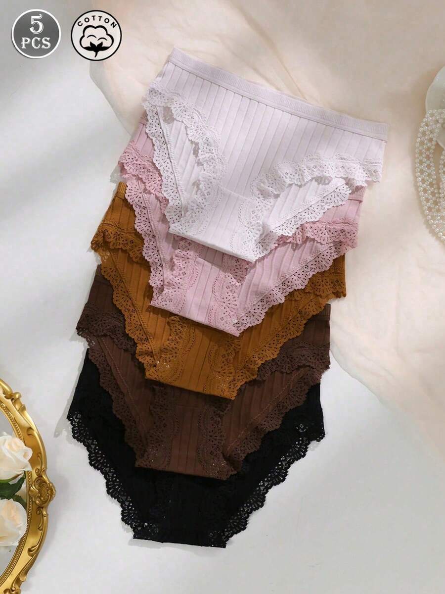5pcs/Set Women's Sexy Comfortable Lace Patchwork Knit Fabric Elegant Mid-Waist Briefs - Multicolor - View 1