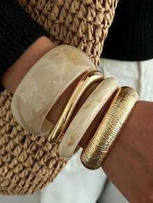4pcs/1pc Vintage Minimalist Punk Style Women's Acrylic And CCB Textured Bracelet Set, Suitable For Dating, Vacation, Gift, Party, Daily Wear, Stackable, Perfect Choice - Gold - View 7