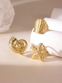 GEREIT 3pcs Fashion Vacation Style 18k Gold Plated Stainless Steel Starfish Shell Turtle Fish Open Ring Set For Women, Suitable For Beach Vacation Wear - Multicolor - View 2
