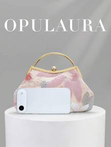 OpulAura 女款精緻迷人花瓣與葉片圖案刺繡晚宴手拿包，夏季粉色亮片設計，適合晚禮服搭配，適用婚禮/度假/正式派對/舞會，附鏈條，隨機圖案形狀 - 粉色 - 查看 5