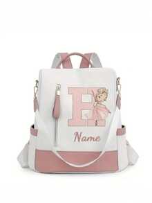 Personalized Custom Name A-Z 26 English Letters Premium Backpack, Fashion Anti-Theft Versatile Large Capacity Travel School Bag, Exquisite Cute Pink Ballet Girl Pattern Fashion Contrast Color Design Lightweight Large Capacity, Perfect For Daily Outings, Work Commute, School - White and Pink - View 22