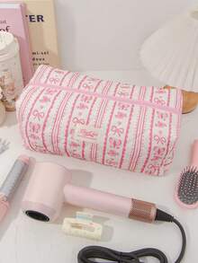 1件可愛草莓蝴蝶結印花絎縫吹風機收納袋，多口袋設計，可收納吹風機、美髮造型工具、捲髮棒、梳子、髮夾、直髮夾，適合居家與旅行使用，亦可作為化妝收納袋、盥洗包、旅行必需品 - 彩色 - 查看 15