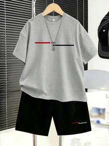 青少年男孩極簡休閒紅白配色拼色 Pole & King 字母印花圓領 T 恤 + 短褲套裝，夏季新款舒適男孩套裝 - 灰色 - 查看 1