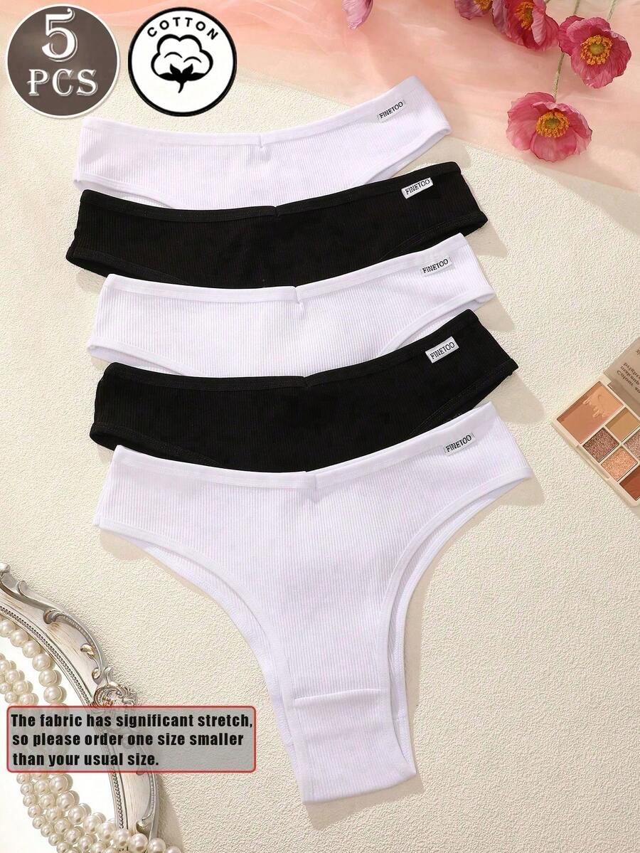 5pcs/Pack Celana Dalam Wanita Bergaris-garis Berwarna-warni Nyaman Bernapas Berpotongan Rendah Seksi - Hitam dan Putih - View 1
