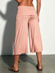 Fold Over Wide Leg Capri Pants For Women Low Rise Yoga Flare Culottes Y2k Flowy Crop Palazzo Gaucho Pants Summer Beach Bottom - 粉色 - 查看 2