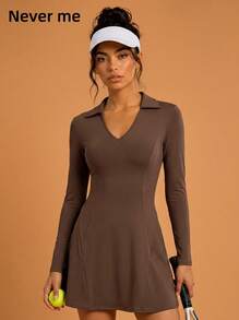 Never me Women's Long Sleeve Polo Tennis Dress, Slimming V-Neck Sporty Casual Golf Dress - Brown - View 5