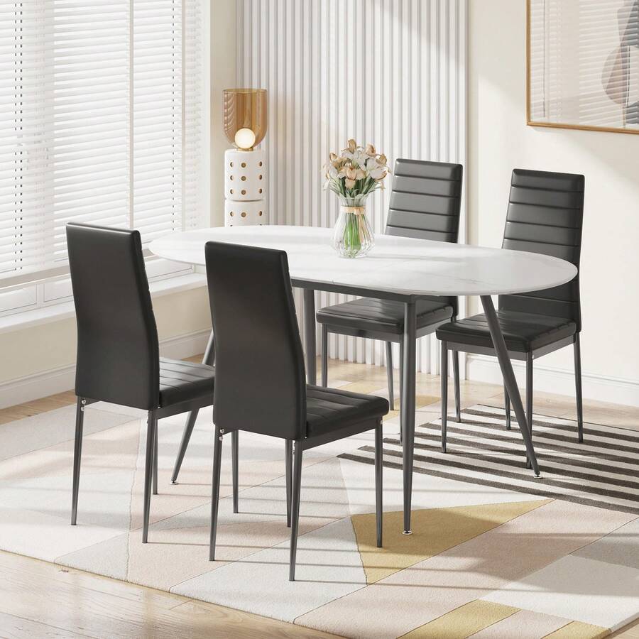 Dining Table And Chairs Set 4, Extendable Table With 4 Faux Leather Chairs For Dining Room, Kitchen, 4 Seater Room Set - Mesa de mármol blanco + 4 sillas de PU negras - Ver 1