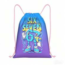 Blue-Purple Gradient 67 Cartoon Number Print Drawstring Backpack, Suitable For Girls And Children, Cute Student Bag Essential, Pink Rope Closure, Playful Travel Accessory, Suitable For Beach Days, Dance Practice, Camping Trips, Weekend Adventures And Daily Carry - SIXTY SEVEN-298 - View 1