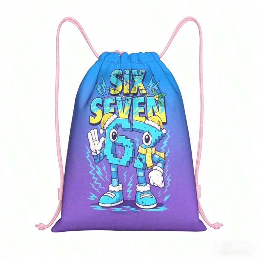Blue-Purple Gradient 67 Cartoon Number Print Drawstring Backpack, Suitable For Girls And Children, Cute Student Bag Essential, Pink Rope Closure, Playful Travel Accessory, Suitable For Beach Days, Dance Practice, Camping Trips, Weekend Adventures And Daily Carry - SIXTY SEVEN-298 - View 1