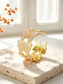 VceTd 1pc Romantic Style Colorful Enamel Butterfly Design Stainless Steel Open Bangle Bracelet For Women, Suitable For Weddings, Elegant Dates, Or Valentine's Day Gift For Loved Ones - Yellow Gold - View 8