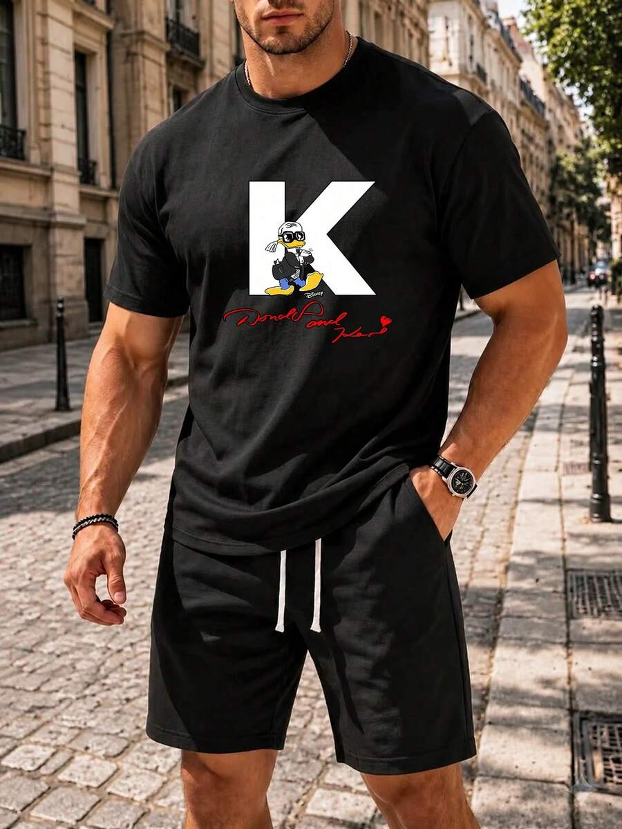 Herren Lässig Bedrucktes T-Shirt Rundhals Weiche Baumwolle Tee - Schwarz - Übersicht 1