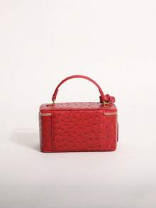 Vintage Festive Red Ostrich Skin Textured Small Square Box Bag With Gold Adjustable Chain, Evening & Commute Handbag For Women - Red - View 3
