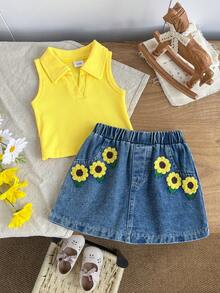 2pcs Baby Girl Cute Sweet Polo Collar Yellow Tank Top & Sunflower Denim Skirt Set, Thin Summer Style - Yellow - View 1