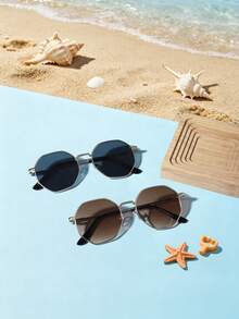 2 PCS Kid's 7-12Y Polygon Geometric Fashion Glasses Lightweight Metal Frame Soft Tinted Lenses Retro Style For Outdoor Trip With Glasses Box - Multicolor - View 3