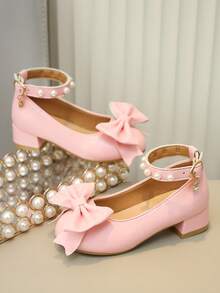 Mädchen Mary Jane Schuhe mit großer Schleife, Perlen-Knöchelriemen und klobigem niedrigem Absatz, Kinder Hochzeits- und Partykleid Schuhe, kleine Mädchen Prinzessin Schuhe - Pink - Übersicht 7