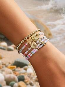 Set de 3 piezas de tobillera con estilo de playa de verano con estrella de mar y concha de metal con cuentas para mujeres - Multicolor - Ver 18