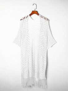 Acelitt 女款純色極簡日常流蘇裝飾和服式罩衫 白色 - 白色 - 查看 7