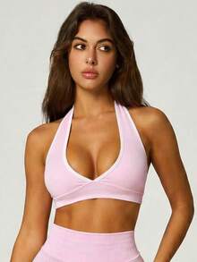 UONNOU 1pc Women's Shaping Halter Neck Bra, Sexy Deep V, Cold Shoulder, Backless, Beautiful Back Sports - Pink - View 7