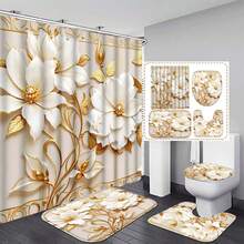 1/3/4pcs Gold Floral Print Shower Curtain Set, Minimalist Pattern, Washable Polyester Fabric, Waterproof Durable Bathroom Accessories, Includes 12 Hooks - Includes Toilet Lid Cover, Bath Mat And Rug, Home/Bedroom/Living Room/Home Decor/Summer - A - View 4