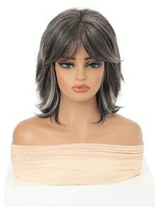 Gray Silver Highlight Mixed Low Curvature Slight Wavy 12 Inch Shaggy Layered Bob Wig Heat Resistant Synthetic Air Fringe Wig For Female - Multicolor - View 6
