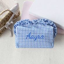 Personalized Gingham Cosmetic Bag, Ruffle Trim Makeup Pouch, Custom Name Toiletry Organizer, Small Travel Storage Bag, Coin Purse, Cute Gift - Multicolor - View 13