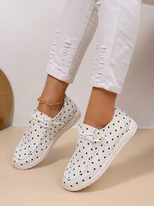 Mocasines planos de lunares para mujer, punta redonda con cordones, fáciles de poner, zapatos náuticos casuales versátiles para compras diarias en primavera/verano - Blanco - Ver 3