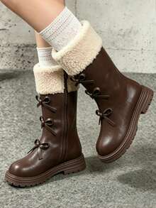 Girls' Brown Plush Fold-Over Bow High-Top Boots | Side Zipper Thick Sole Anti-Slip Thermal Lined Warm Boots For Autumn/Winter - Brown - View 1