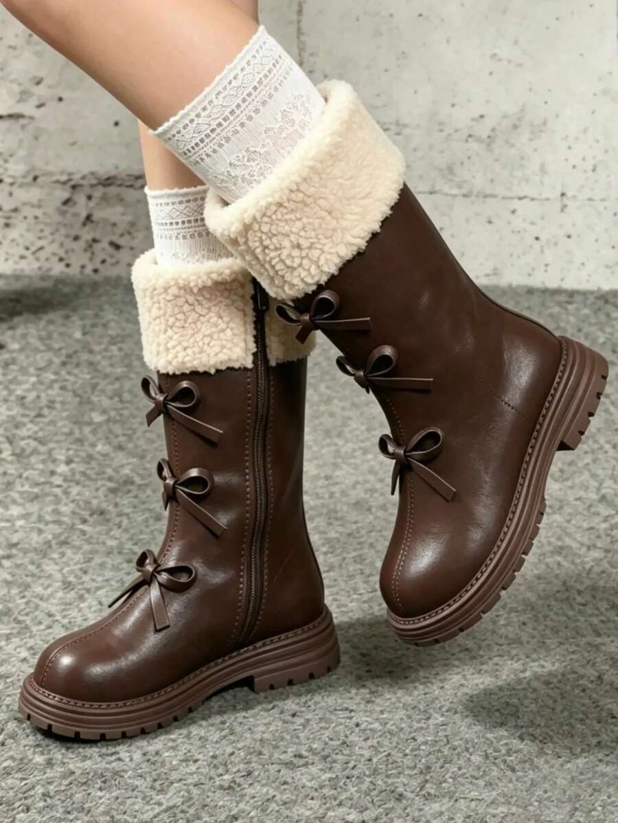 Girls' Brown Plush Fold-Over Bow High-Top Boots | Side Zipper Thick Sole Anti-Slip Thermal Lined Warm Boots For Autumn/Winter - Brown - View 1
