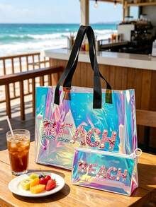 Iridescent Laser Transparent PVC Beach Tote Bag, Large Capacity Beach Letter + Matching Pattern Zipper Pouch, Waterproof Sand-Resistant Easy To Clean, Can Store Swimwear, Towels, Sunscreen, Cosmetics, Suitable For Beach Vacation, Pool Party, Camping Picnic, Short Trip Scenarios, Suitable For Students, Moms, Travel Girls, Qixi, Birthday, Summer Festival Gift, Also Can Be Used As Toiletry Bag, Shopping Bag, Travel Storage Bag - Multicolor - View 2