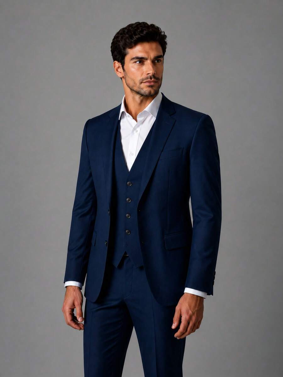 Slim Fit 3 Piece Suit – Sophistication With Stylish Vest - 藏蓝色 - 查看 1
