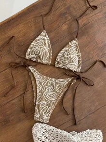 Bikinx 女款夏季時尚不對稱條紋三角綁帶比基尼套裝，度假海灘棕色 - 棕色 - 查看 8