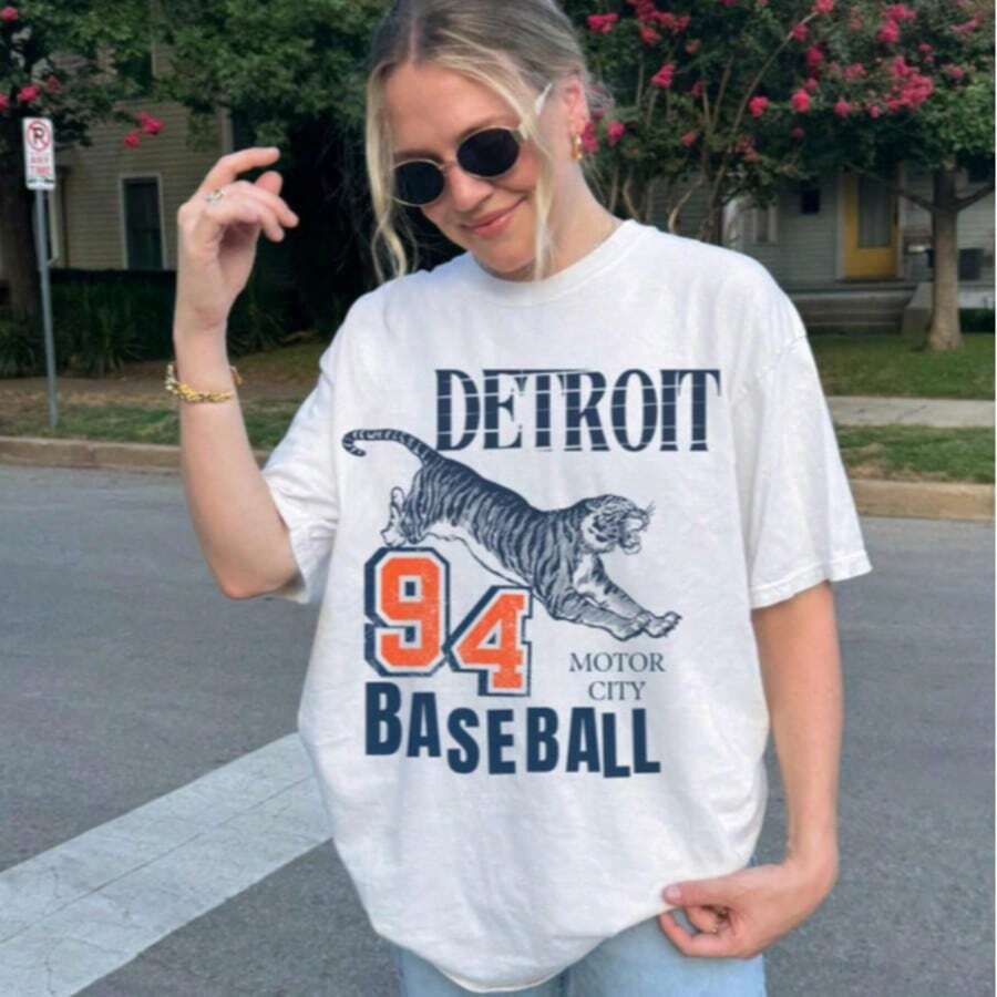 Women's T-Shirts Vintage Detroit Tiger Tee, Casual Sports Wear, Gift For Baseball Fans, Summer Retro Clothing, 100% Cotton Round Neck Short Sleeve - 白色 - 查看 1